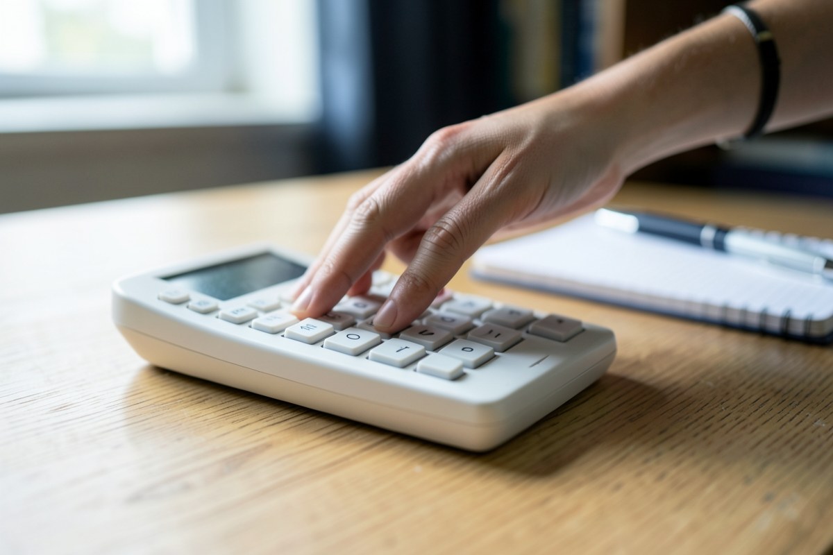 Close-up of a person's hand entering numbers into a calculator on a desk, with a notepad and a pen nearby, in a bright, modern office setting.
