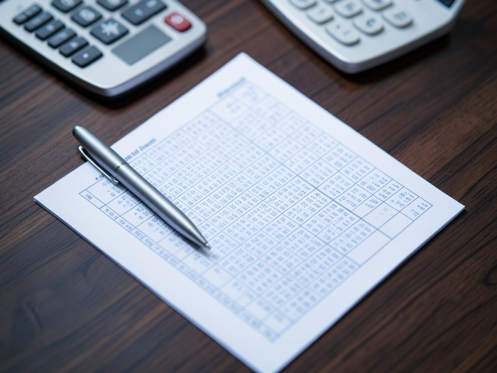 A table with columns of numbers on a printed page, with a pen resting on it, and a blurred background of a desk with a calculator.