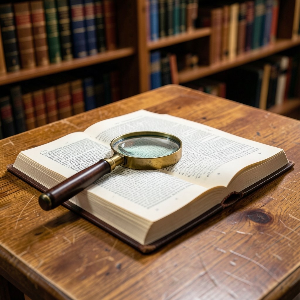 An open dictionary with a magnifying glass over a page, resting on a desk in a library setting.