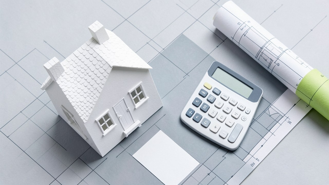 A miniature house model with a calculator and a rolled blueprint, placed on a light surface with a faint grid background.
