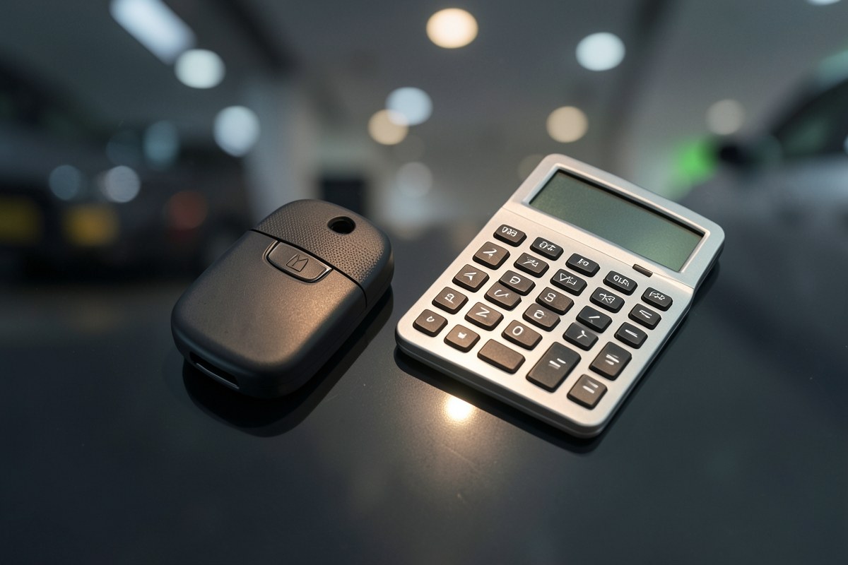 A sleek car key on a table next to a calculator, with a bokeh background of a car showroom.