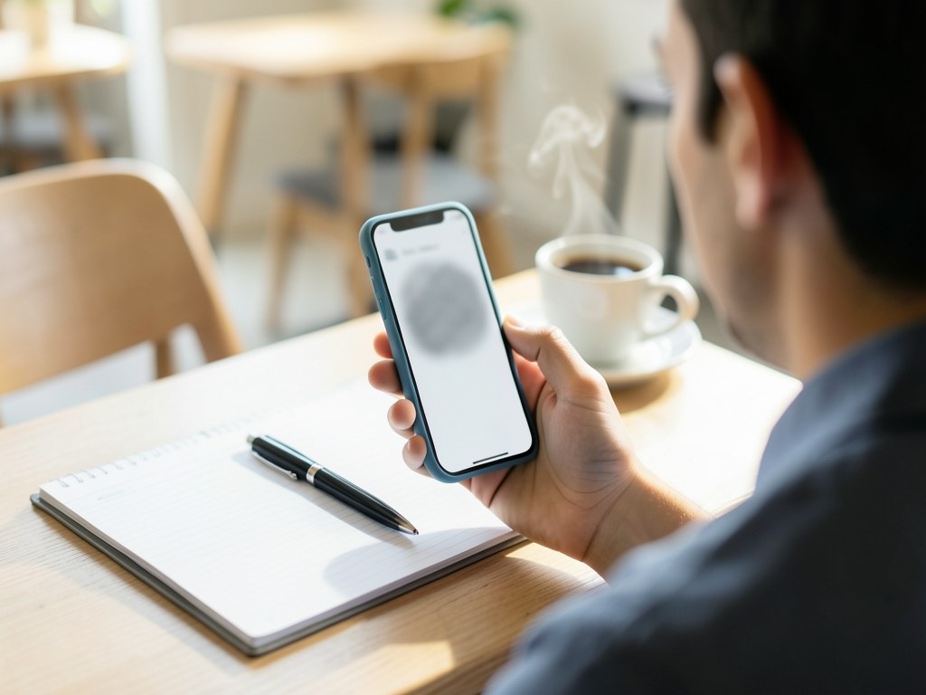 A hand holding a phone showing a loan calculator app, with a notepad and a coffee cup on a table.
