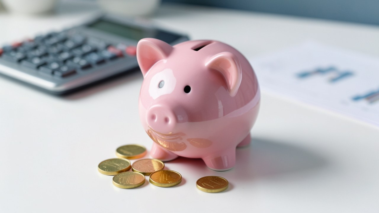 A pink piggy bank on a stack of coins, with a calculator and a budget chart in the background.
