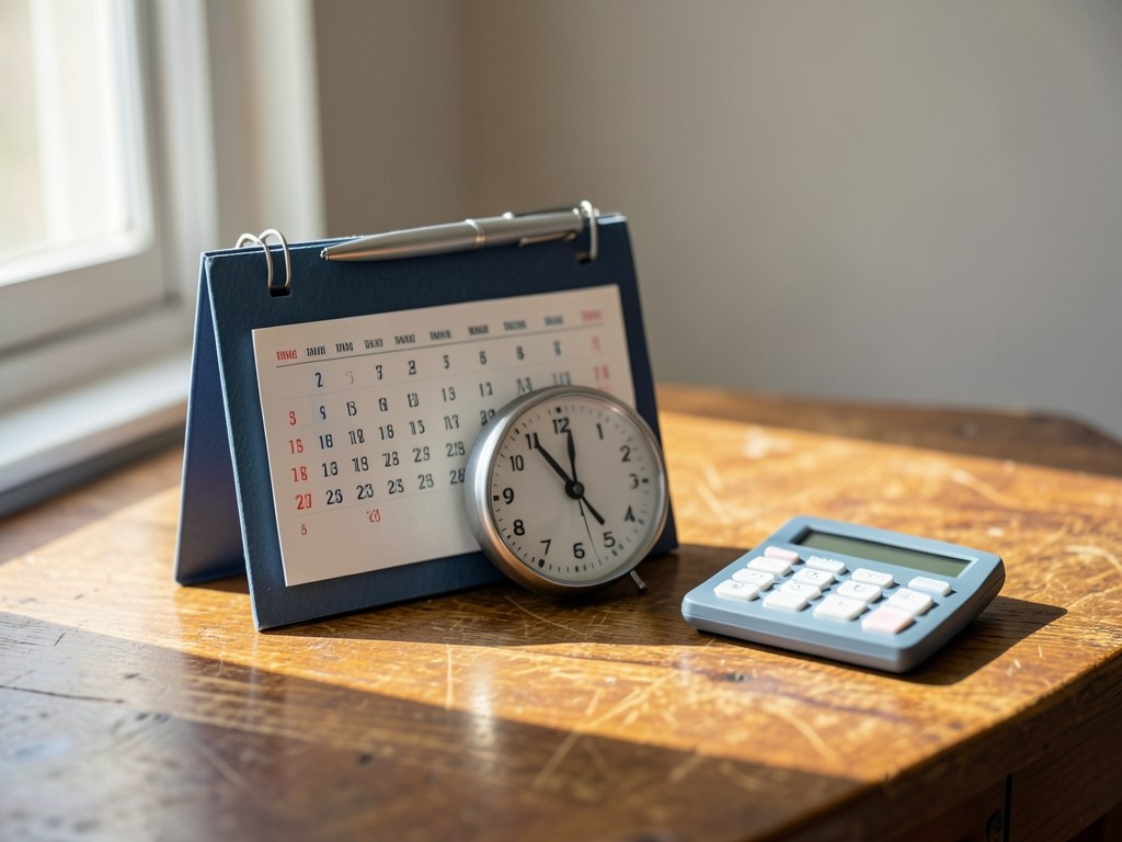 A calendar with a pen marking dates, with a small clock and a calculator on the same desk.