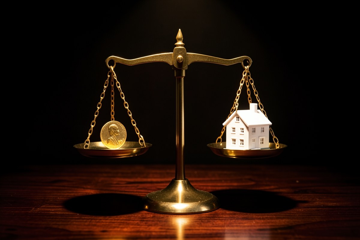 A balance scale with a coin on one side and a small model house on the other, symbolizing fixed vs variable costs.