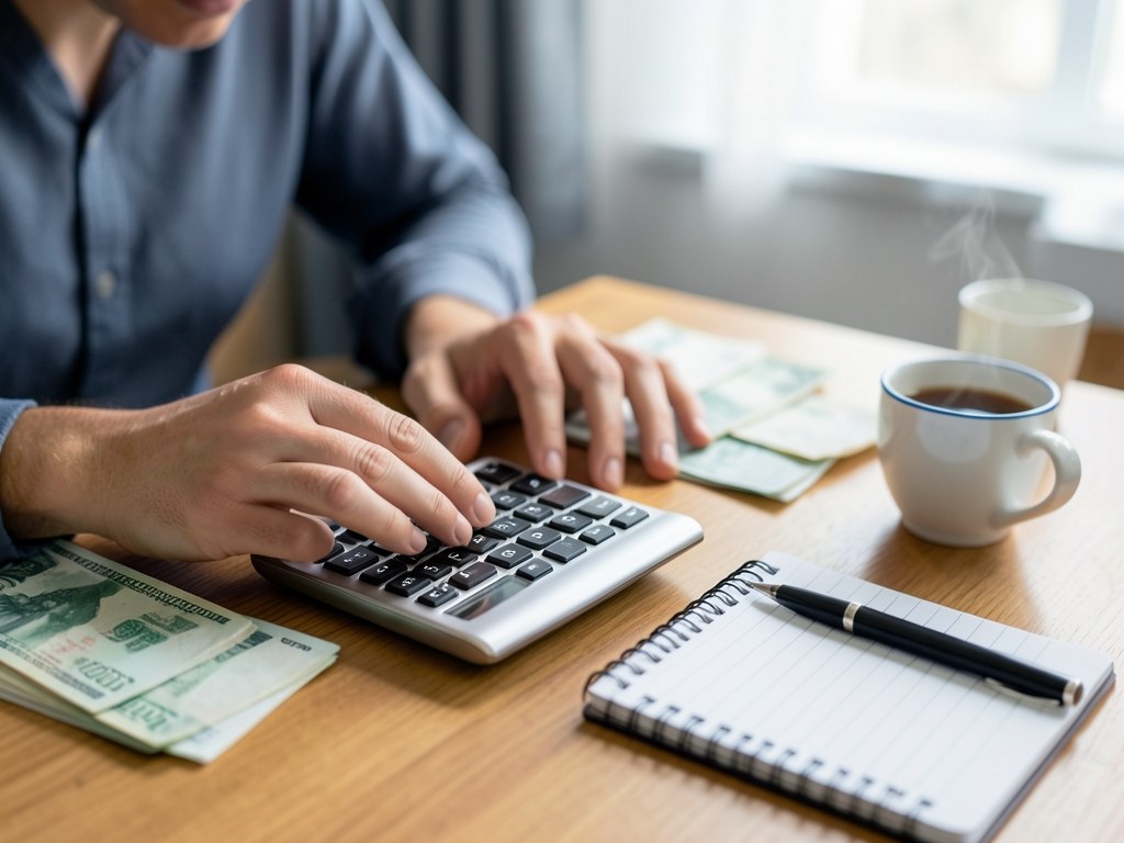 A person using a calculator to review bills and receipts on a desk, with a notebook and a coffee cup.