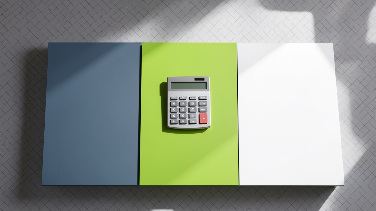 A table with multiple columns and rows, each column having a different color, and a calculator at the side.