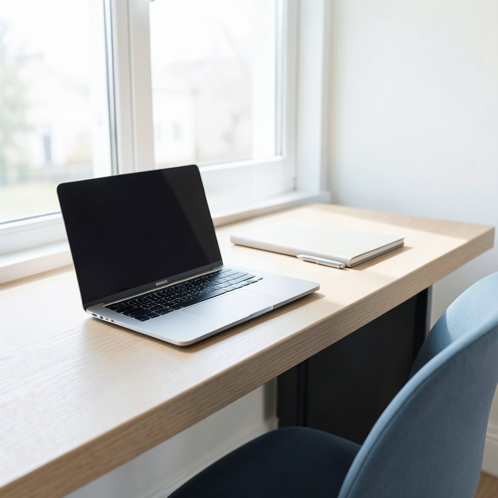 A clean workspace with a laptop, a notebook, and a pen, with a window in the background, symbolizing openness and transparency.