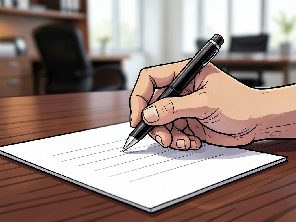A hand holding a pen about to sign a contract document, with a blurred background of an office.