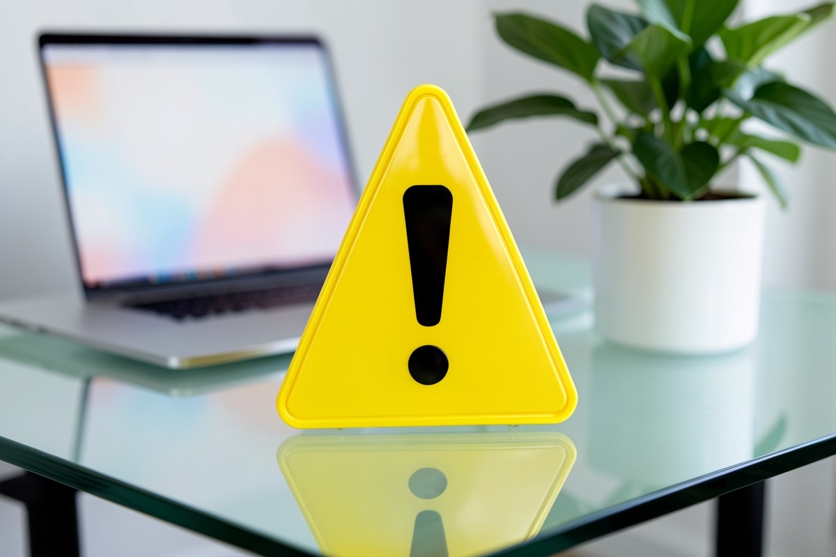 A warning sign with an exclamation mark in a modern office setting, symbolizing caution.